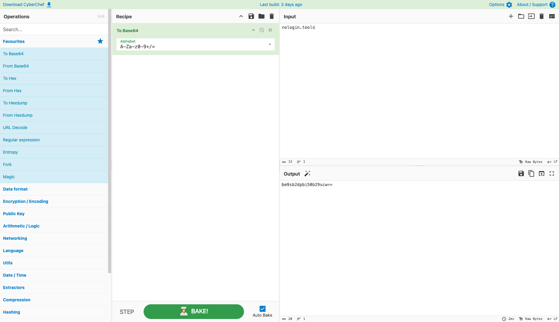 CyberChef 显示 To Base64 配方、nologin.tools 输入和对应的编码输出。