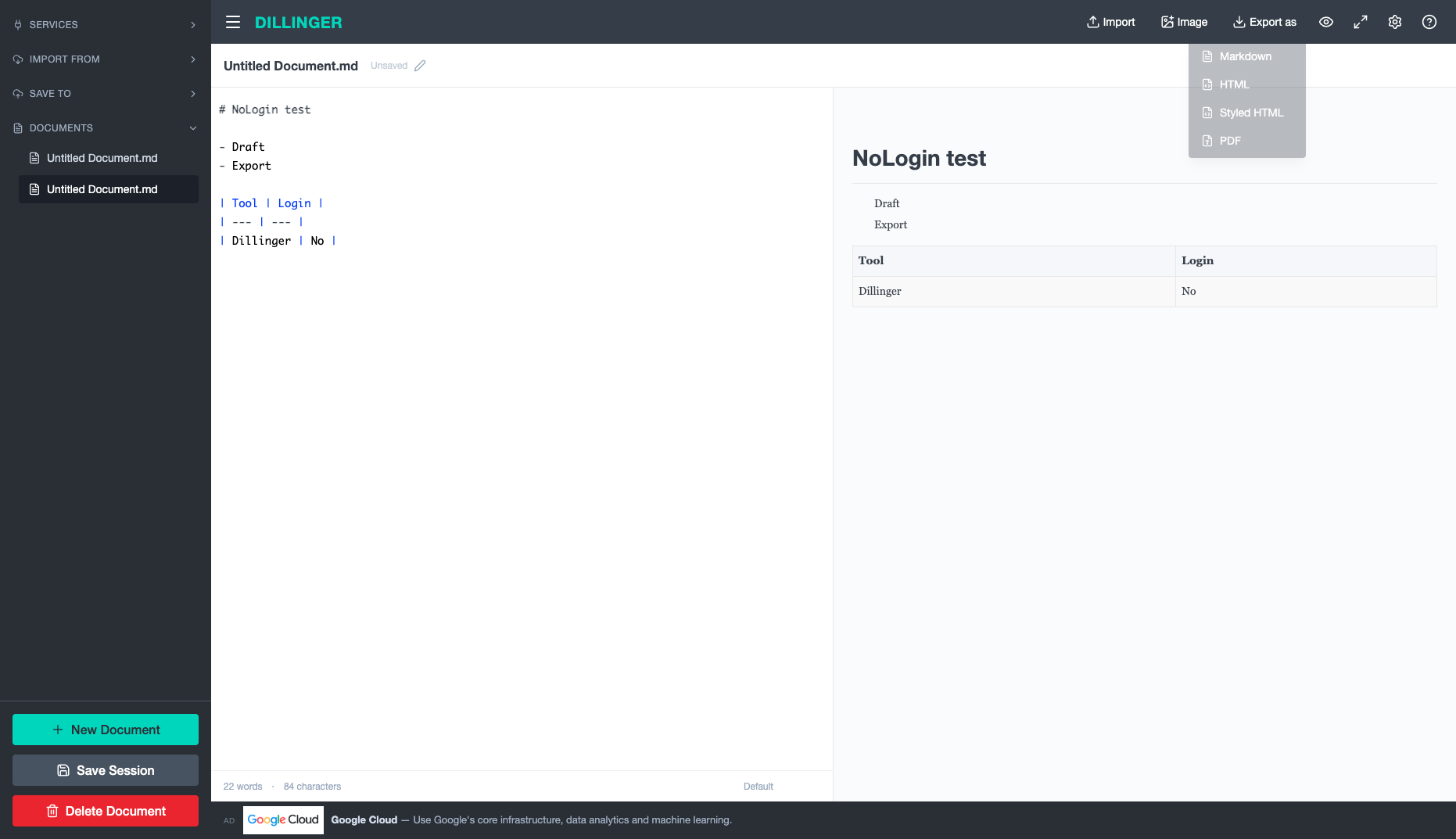Dillinger 显示 Markdown 源文、列表和表格预览,以及展开的 HTML 导出菜单。